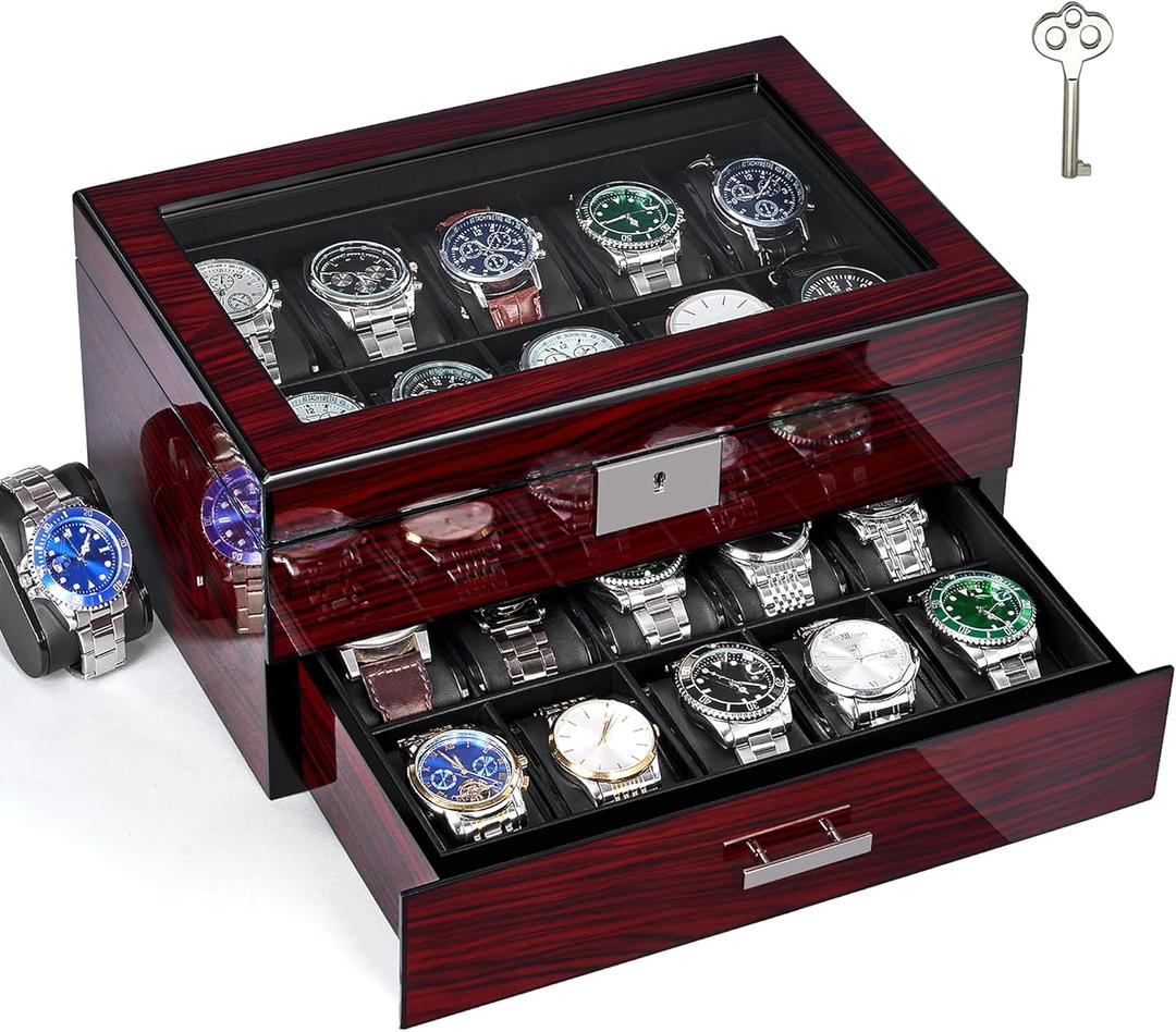 ANWBROAD Watch Box 20 Slot Watch Cases for Men with Large Glass Lid 2-Tier Watch Display Case Lockable Wooden Watch Organizer Elegant Watch Holder for Women UJWB002Y