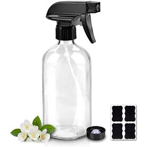 Worldgsb Glass Spray Bottles, 16oz Refillable Containers, Empty Boston Round Bottles with Labels & Adjustable Nozzle for Cleaning, Gardening, Aromatherapy, Pets, Plant, Hair -Clear (1 Pack)