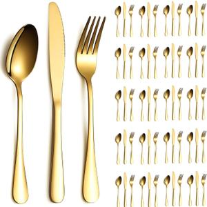 Gold Silverware Set 60 Pieces Service for 20, Stainless Steel Titanium Gold Flatware Set include Knives Spoon Forks Set, Silverware Set, Serving Utensil Set