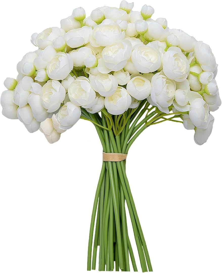 32Pcs Ranunculus Artificial Flowers, Ivory White Fake Peonies, Real Touch Silk Faux Mini Ranunculus Filler Flowers Bulk for DIY Wedding Bouquet, Vase Centerpieces, Bridal Shower Decor
