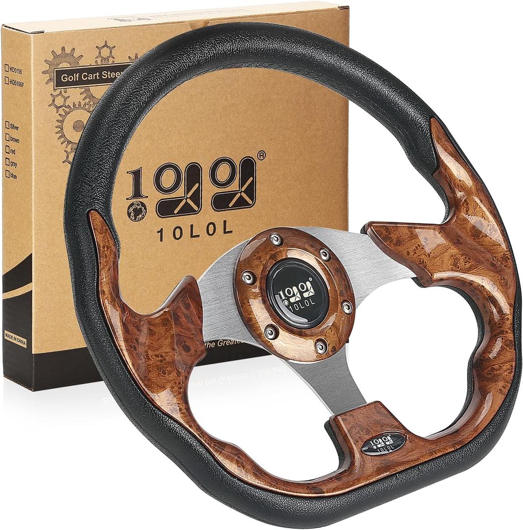 10L0L Golf Cart Steering Wheel for Yamaha, EZGO TXT/RXV/Valor, Club Car DS/Precedent/Onward/Tempo Golf Carts (Brown)