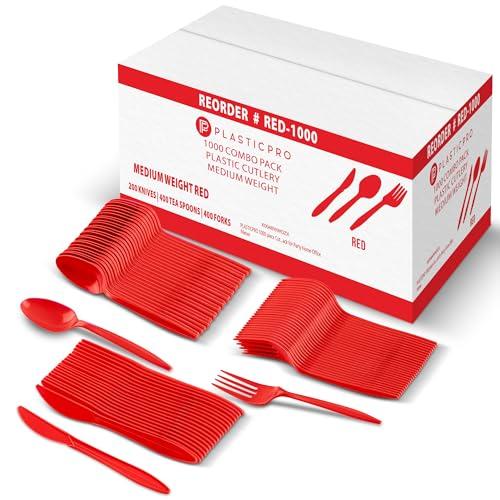 PLASTICPRO 1000 piece Cutlery Combo set of Red Plastic Forks, Spoons, and Knives Disposable Colored Cutlery Bulk Pack Variety Pack for Party Home Office