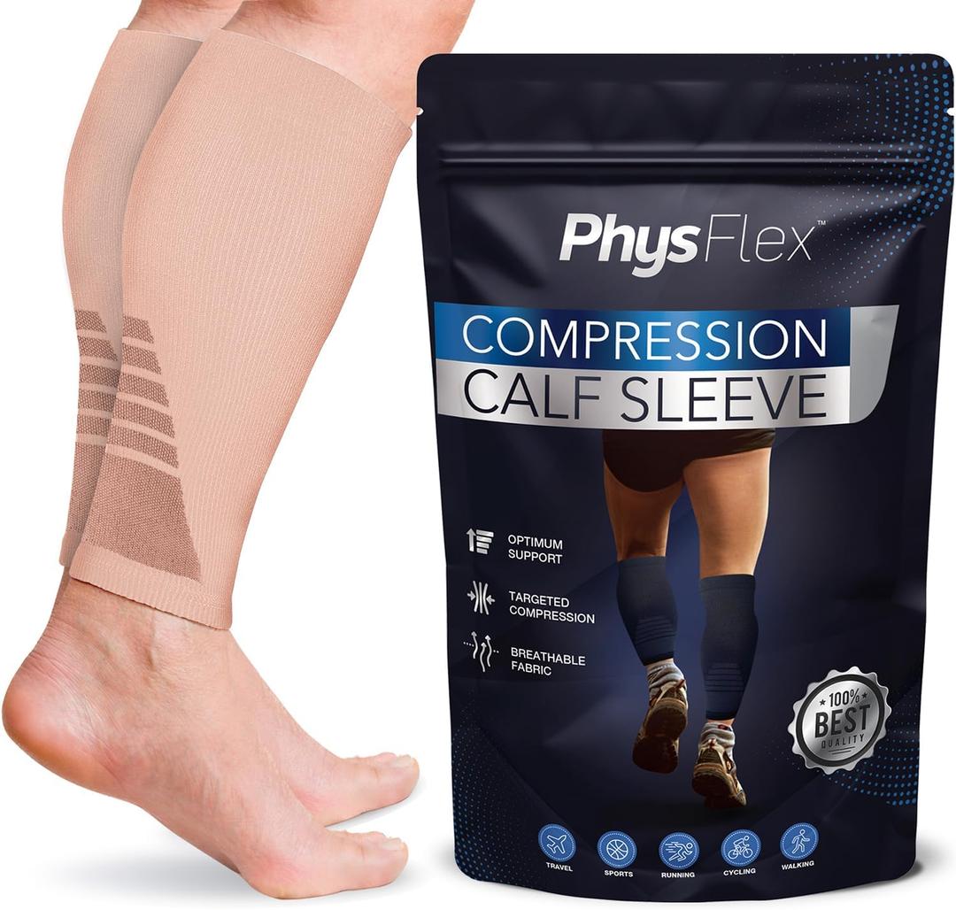 Calf Compression Sleeves for Men and Women - (1 Pair) Footless Compression Socks Support for Varicose Vein, Nursing, Pregnancy, Running - PhysFlex Leg Sleeve Brace for Shin Splints, Pain Relief and (Large, Beige)