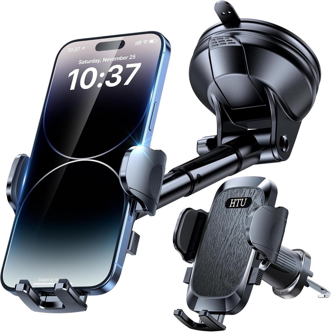 HTU [2026 True Military-Grade] Car Phone Holder [Upgraded Strongest Suction & Clip] Cell Phone Mount for Dashboard Windshield Vent,Truck Cradle Stand for iPhone 16 Pro Max Samsung Android (Black)
