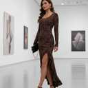 Women's Square Neck Long Sleeve Maxi Dress Floral Bodycon Dresses Print Side Split Dresses Elegant Formal Cocktail Dress (US, Alpha, X-Large, Regular, Regular, Brown Floral)