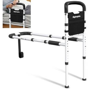 Bed Rails for Elderly Adults Safety - ASTM Approved Adjustable Bed Cane Supports 350LBS with Non-Slip Grip & Storage Pocket, Stable Bed Assist Rails for Seniors, Tool-Free (Medium, Black Curved Handle)