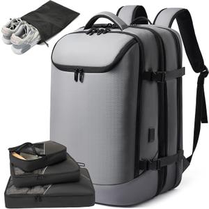TANGCORLE Laptop Backpack for Women, 50L Carry On Backpack Men, Expandable Flight Approved Water Resistant Luggage with 3 Packing Cubes & USB Port, Travel Backpack Fits 17.3 Inch Notebook (Grey-comes With Airtight Bag)