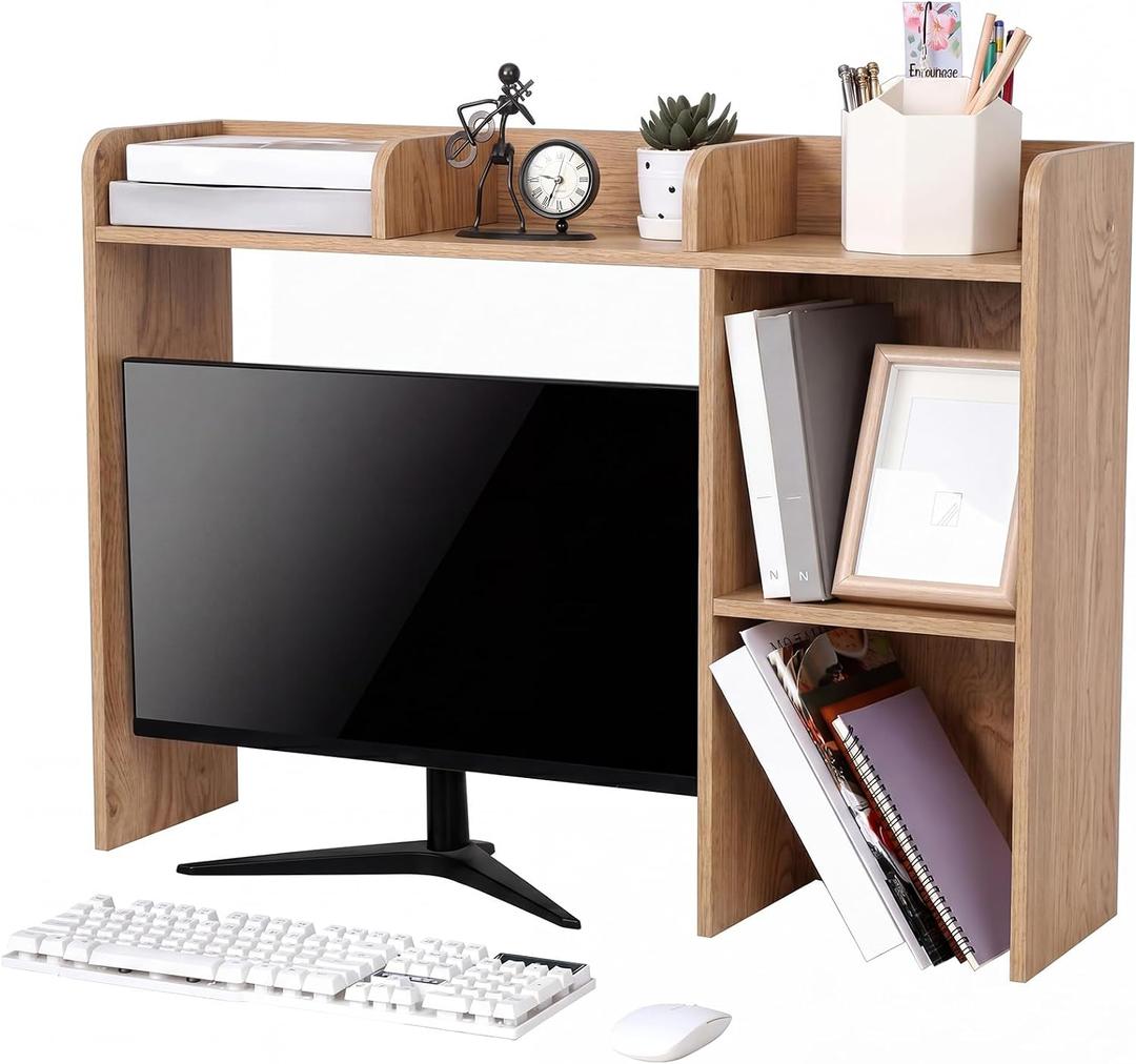 Briwooody Dorm Desk Bookshelf Desk Hutch Organizer with 5 Shelves and 3 Tier Desktop Hutch Storage Organizer for College Dorm Home Office Supply, 32.5 x 23.5 x 8 Inch(Natural)