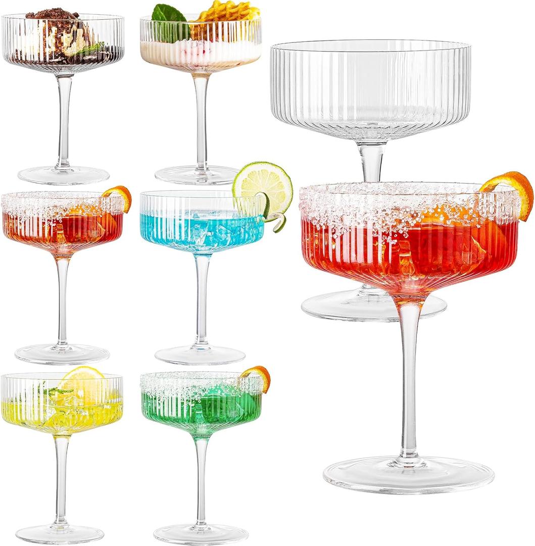 Vintage Art Deco Coupe Glasses, Set of 6 Ribbed Coupe Cocktail Glasses, 10 oz Classic Martini Glasses, Elegant Hand Blown Manhattan Goblet for Bar, Martini, Cosmopolitan, Gimlet, Pisco Sour