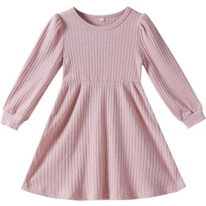 Toddler Girl Long Sleeve Dress Baby Ribbed Knit Sweater Dresses A Line Fall Winter Kids Clothes Casual (White)