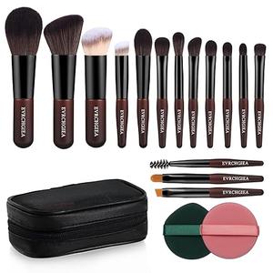 Travel Makeup Brush Set, 15 pcs Mini Makeup Brushes and 2 Puff for Foundation, Powder, Eyeshadow, Highlight, Contour, Blush & Concealer, Small Makeup Brush Set Purse Size with Case (black and brown)