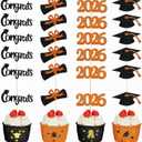 Chinco 100 Pack 2026 Graduation Cupcake Toppers Glitter Grad Cap Food Appetizer Picks Cake Caps Party Decorations Diploma Cupcake Picks for Cake Class of 2026 Graduation Party(Black and Orange)