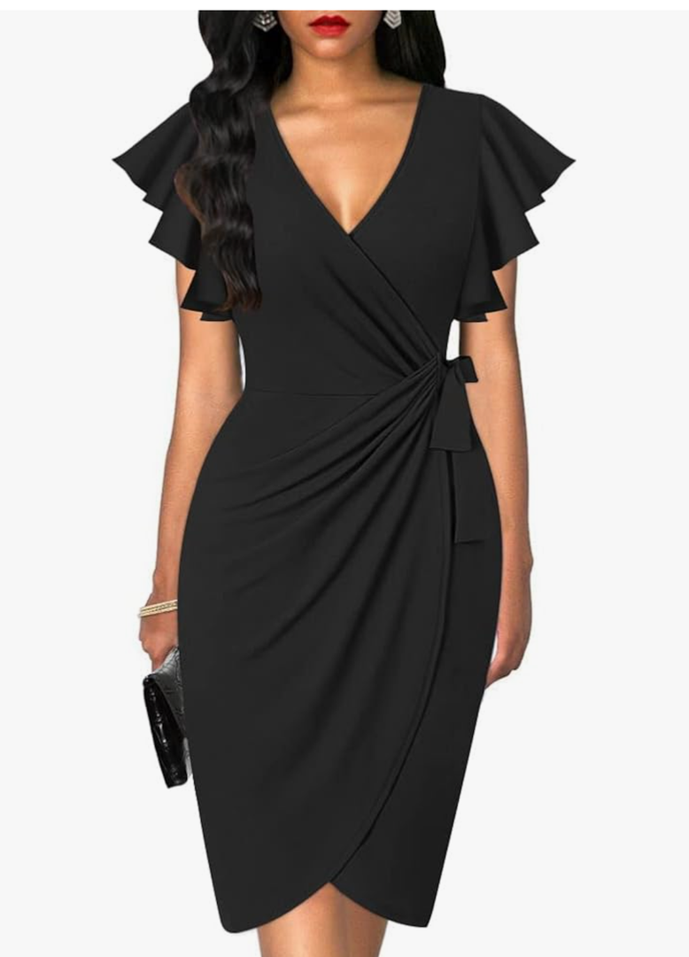 oten Womens Deep V Neck Ruffle Sleeve Sheath Casual Cocktail Party Work Faux Wrap Dress, L