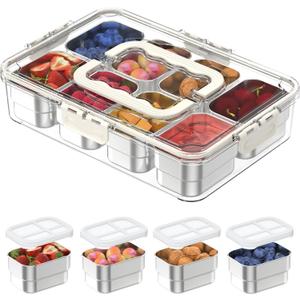 Snackle Box Container,8 Compartment Stainless Steel Food Storage with Silicone Lid & Handle,Clear Divided Fruit Nut Veggie Tray for Kitchen, Picnic, Party