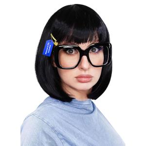 ALLAURA Tina Belcher Wig + Black Glasses + Yellow Hair Clip Set, Edna Black Bob Wig – Compatible with Tina Belcher Costume Adult
