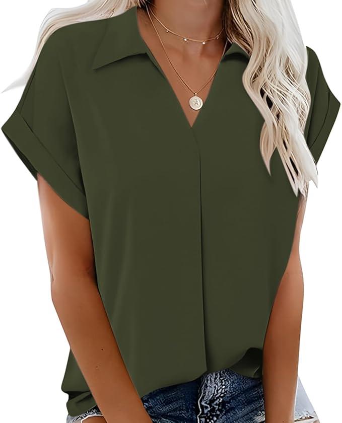 NILOINE Womens Blouses Dressy Casual Summer Tops Short Sleeve Work Tops Soild Color Blouse for Business(M,4-Army Green)