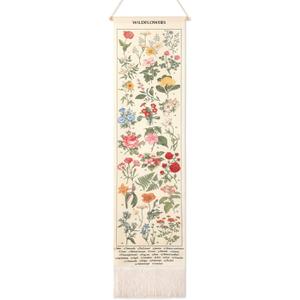Geetery Vintage Floral Vertical Tapestry Wall Hanging Decor Long Flower Narrow Botanical Fabric Wall Art Hanging Reference Illustrative Tassel Tapestry for Bedroom Living Room Home Decor Gift(White)