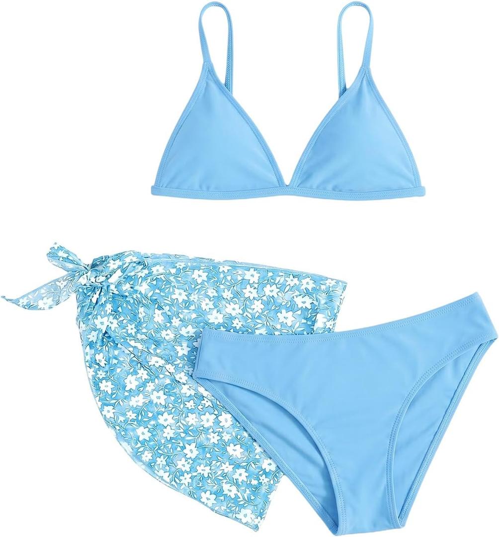 SHENHE Girl's 3 Piece Swimsuits Cute Spaghetti Strap Triangle Bikini with Ditsy Floral Cover Up Teen Bathing Suits (Blue, 9 Years)