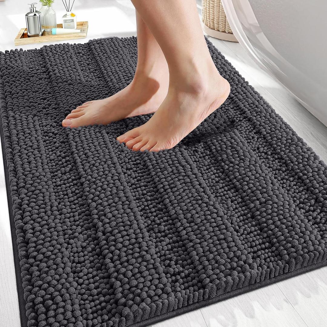 OLANLY Thick Bathroom Rugs 30x20, Extra Soft Absorbent Chenille Striped Bath Rugs, Rubber Backing, Machine Wash Dry, Bath Mats for Bathroom Floor, Tub and Shower, Home Decor Accessories, Dark Grey