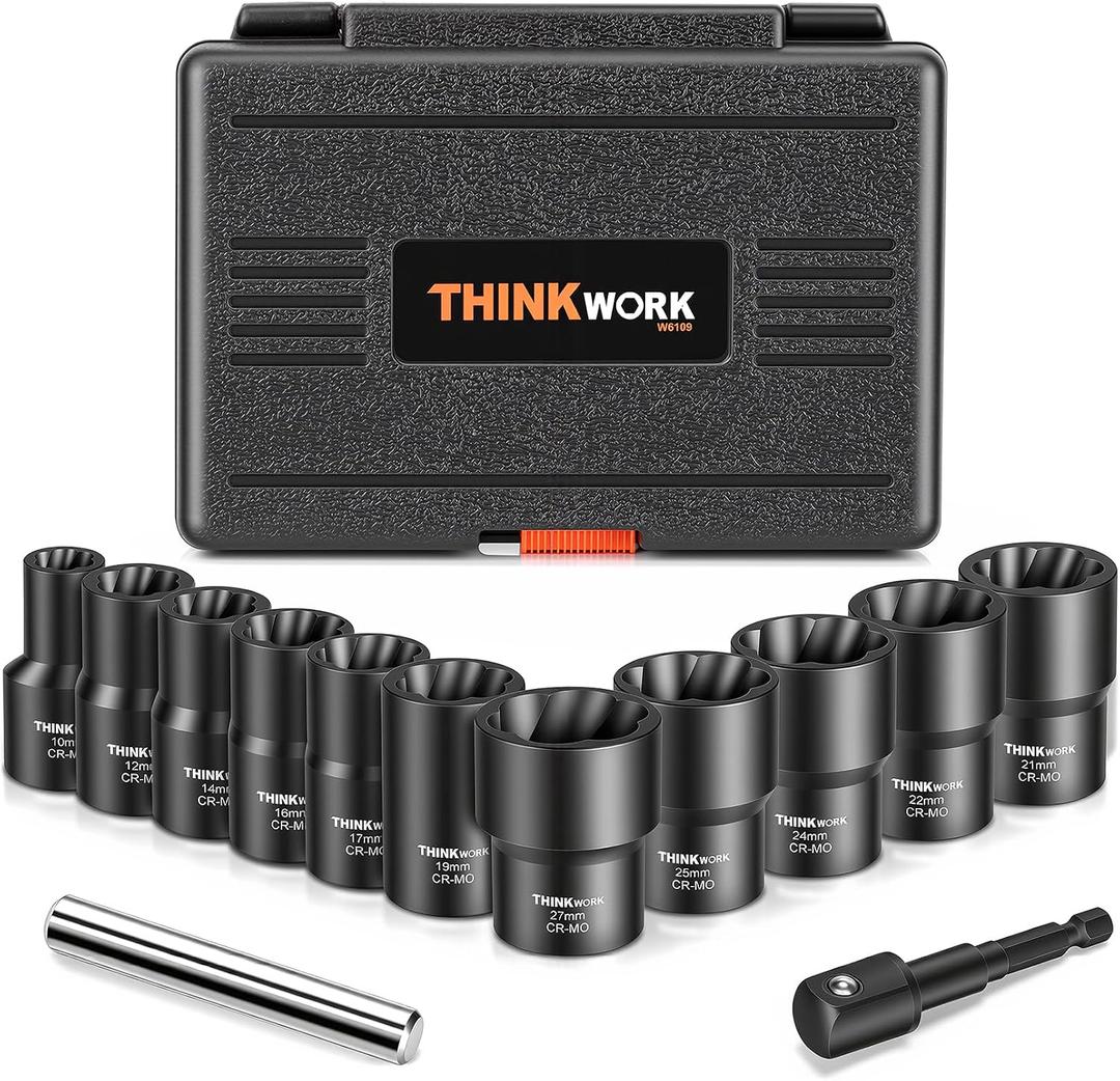THINKWORK 1/2 Inch Drive Lug Nut Removal Tool, 13 Pieces Wheel Lock Removal Kit, Lug Nut Remover for Stripped, Rounded, Damaged, Frozen, Rusted Bolts