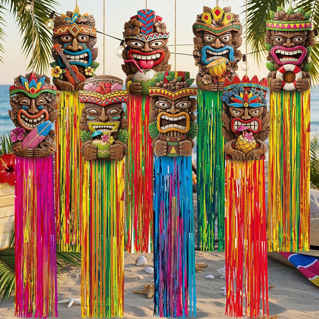 Affrolling 8 Pcs Tiki Party Decorations Hawaiian Luau Party Decoration Tiki Totem Hanging Decorations with Tassels for Aloha Hawaii Luau Tropical Survivor Themed Supplies 3.3 ft Outdoor Summer Decor