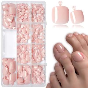 LoveOurHome 240pc Nude Press on Toenails Women Fake Toe Nails with Glue Tab, Nude Tan Fake Toenails Press on Toes Nails Glue on Toenail Acrylic Toe Nail Tips Gel Artificial False Stick Toenail Tip