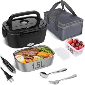 Vabaso Electric Lunch Box for Adults, 80W Heated LunchBox Portable Food Warmer Lunch Box for Work/Men/Car/Truck with 1.5L 304 Stainless Steel Container Fork & Spoon, 110V/12V/24V (Black)