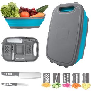 HI NINGER camping cutting board, Collapsible Chopping Board with Colander, 9-In-1 Multi Chopping Board Kitchen Vegetable Washing Basket for Camping,Camping Gifts Camping Accessories for RV Campers (Blue grey)
