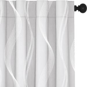 Deconovo Blackout Back Tab Curtains with Geometric Pattern, Room Darkening, Heat Blocking, Energy Saving Drapes for Bedroom, Living Room, 2 Panels, Star White, 52W x 84L Inch, Wave Stripe