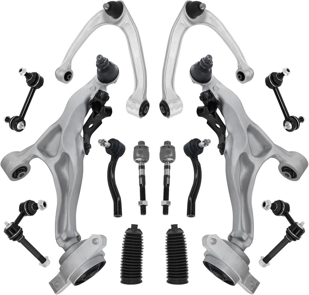 14pcs Front Suspension Kit Upper Lower Control Arm W/Ball Joint Sway Bar Link Inner Outer Tie Rod End Boot Assembly Replacement for 2008-2010 Infiniti G37,2009-2020 Nissan 370Z