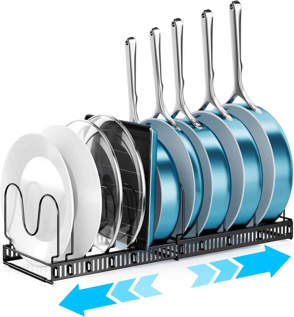 ORDORA Pots and Pans Organizer Under Cabinet, Expandable Cutting Board Pot Lid Organizer for Cabinet Holder with 10 Adjustable Dividers for Kitchen Storage (Black)