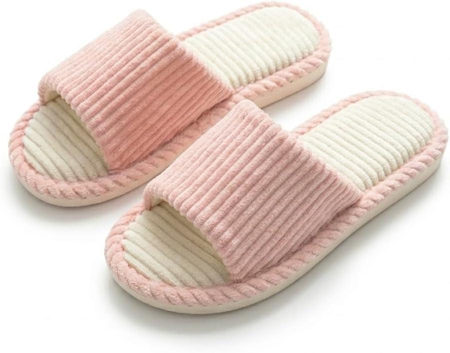 Corduroy House Slippers for Women and Men - Soft Indoor Comfort Slides with Non-Slip Sole, Lightweight & Breathable (8-8.5 Women/6.5-7 Men, Pink)