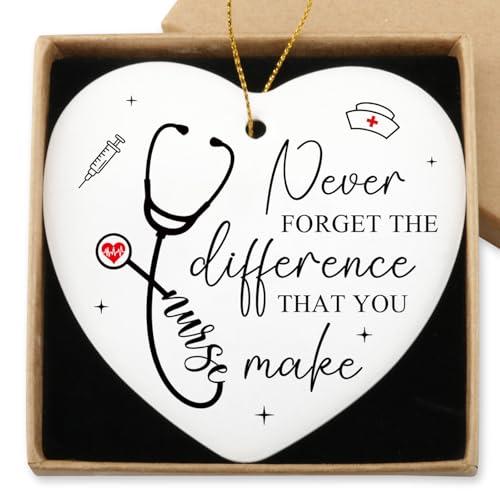 Nurse Gifts for Women Hanging Ornament Nursing Week Gifts for Rn LPN NP Appreciation Graduation Retirement Birthday Nursing Ideas Gift Christmas Tree Ceramic Heart Keepsake, Pack Of 2
