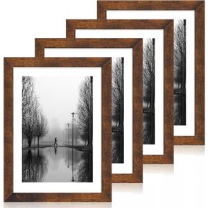 iRahmen 10x14 Picture Frame Set of 4 with Tempered Glass, Rustic Frame Display 8x12 Pictures with Mat or 10 x 14 Without Mat, Wooden Photo Frames for Wall Mounting (Dark Brown)