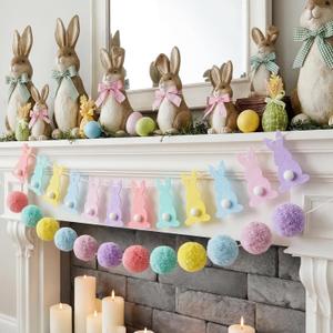 Reallnaive 2 Pcs Pastel Felt Easter Garland for Mantle, 6.6 ft Easter Bunny Banner Decorations Yarn Pom Pom Ball Hanging Banner for Indoor Outdoor Mantle Garden Home Decor