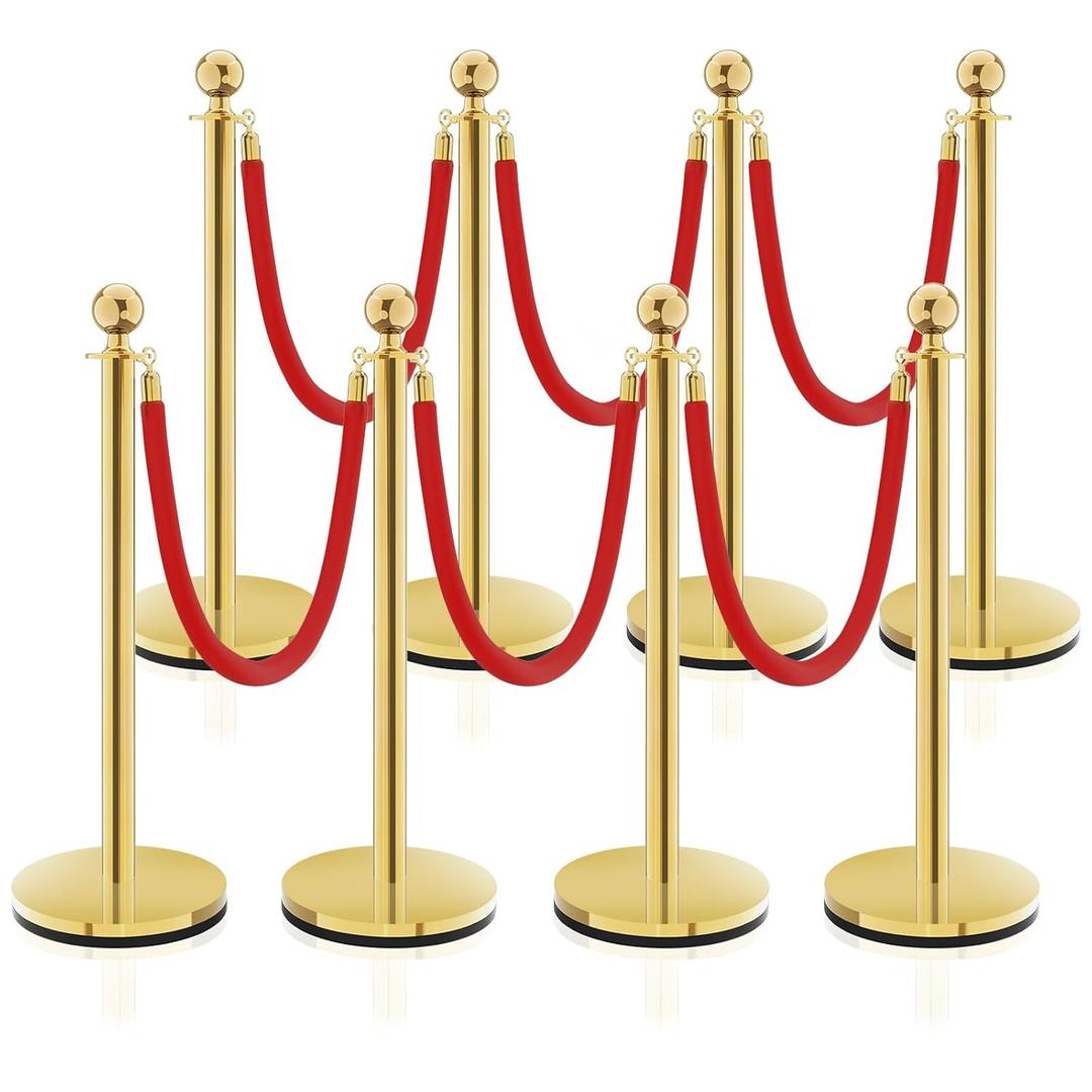 Velvet Poles and Rope,Rope Safety Barriers, Waterproof and Rustproof Set for Theaters, Hotels, Clubs, Museums, 8 Pieces