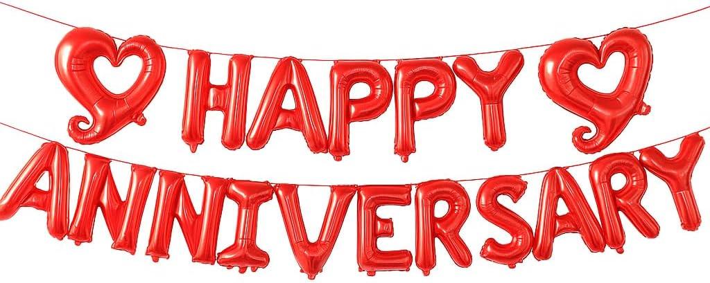 KatchOn, Big Red Happy Anniversary Balloons Letters - 18 Inch | Happy Anniversary Banner sign for Happy Anniversary Decorations | Red Heart Foil Balloons for Anniversary Party Decor