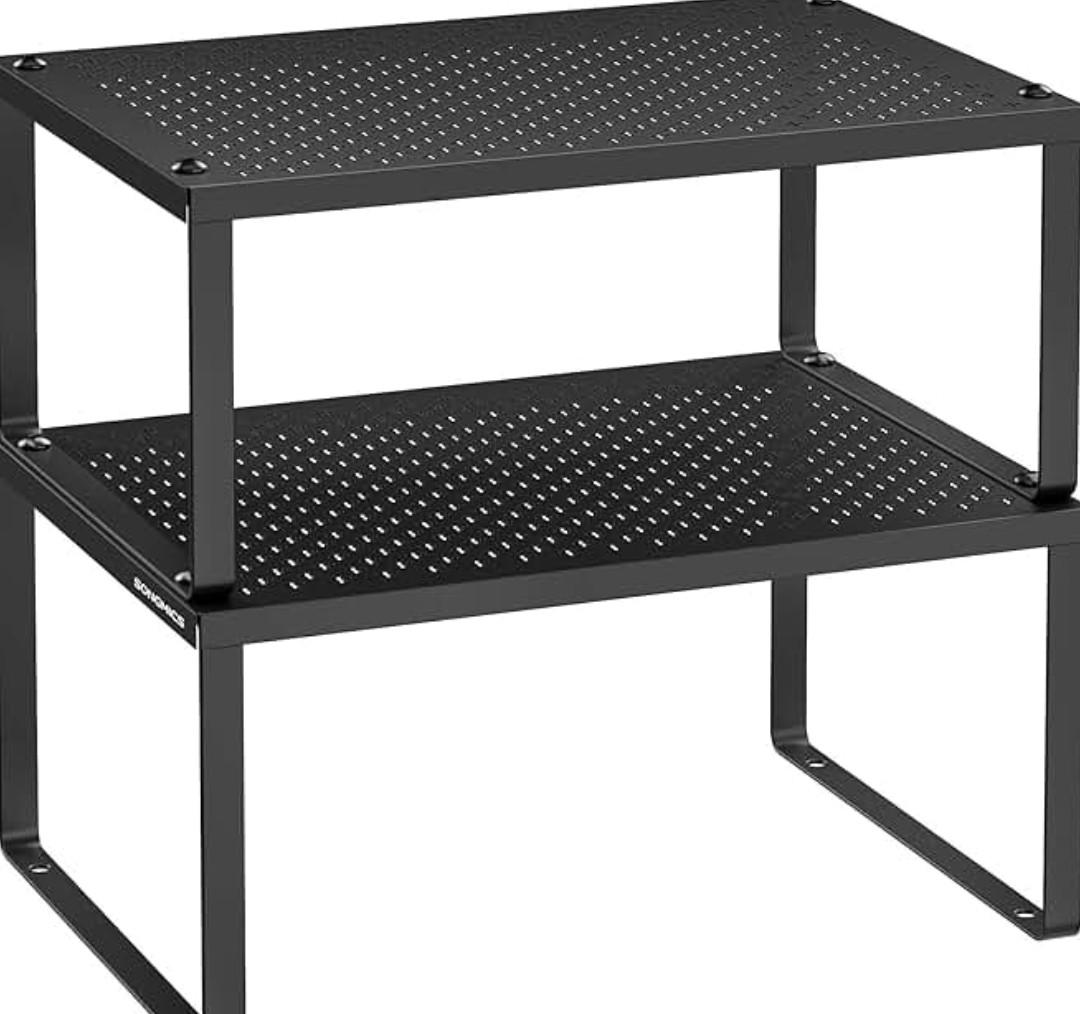 SONGMICS Cabinet Organizer Shelf, Set of 2 Kitchen Counter Shelves, Kitchen Storage, Spice Rack, Stackable, Expandable, Metal and Engineered Wood, Ink Black and Rustic Brown UKCS020X01 (11.7"W)