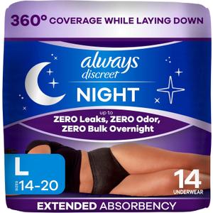 Always Discreet Night, Reimagined Adult Diapers for Women, Extended Overnight Absorbency Incontinence and Postpartum Underwear Size L, 360 Degree Coverage While Laying Down, 14 Count