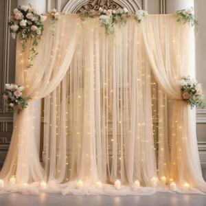 20x10ft Champagne Tulle Backdrop Curtain with Lights String for Parites, Sheer Photo Backdrop Curtains with Lights for Wedding Backdrop Ceremony Reception Bridal Shower Baby Shower Birthday Party (4 Panels(5*10FT))