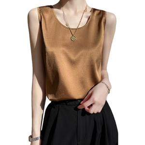 Silk Tank Tops for Women Basic Camisole Top Crew Neck Sleeveless Blouse Summer Cami Tank Casual Tank Shirt (Brown, XL)