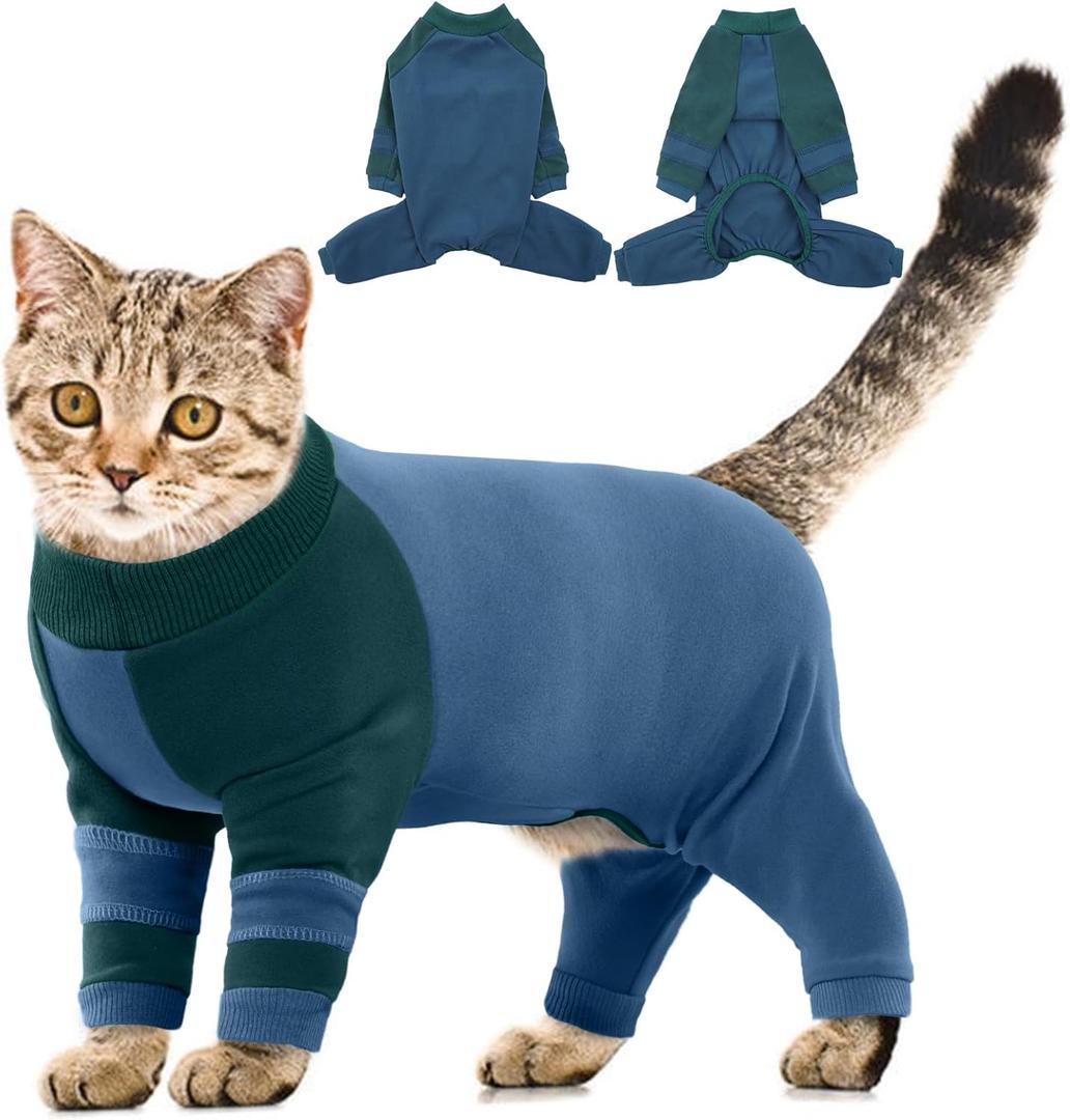 Sticky Hair Cat Clothes, Four-Leg Long Sleeve Cat Pajamas, Prevent Fur Shedding Kitten Onesie Shirts, Surgery Recovery Suit for Male Female, Wound Protection & Preventing Lickin