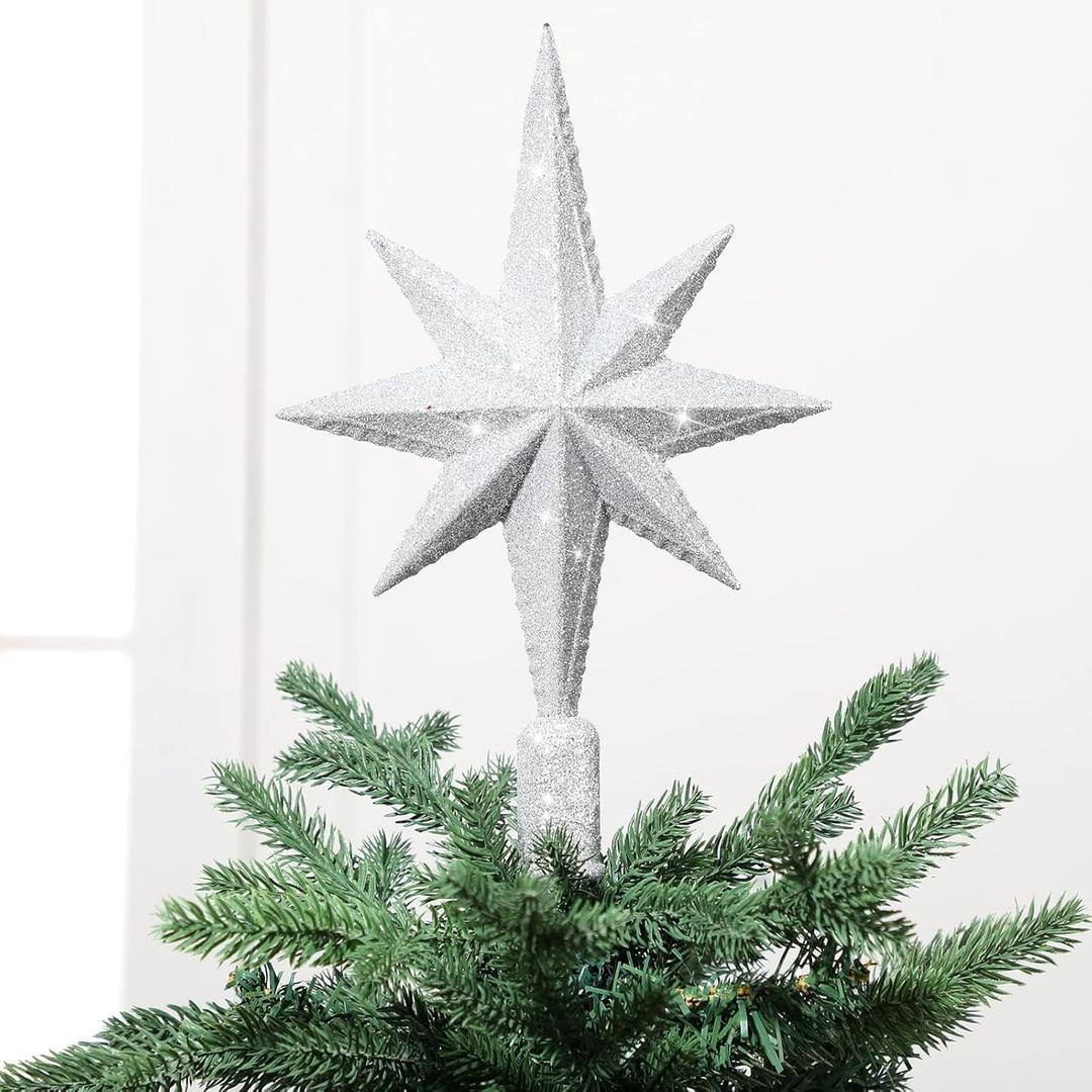 Civaner 11" Bethlehem Star Tree Topper Silver Glitter Christmas Star Tree Topper Vintage Decorative Christmas Ornaments for Home Xmas Party Holiday Decor (Sliver)