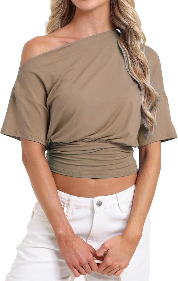 Off the Shoulder Drapey Tops for Women Fitted Waist Short Sleeve Ruched Shirts Summer Trendy Clothes 2026, Medium