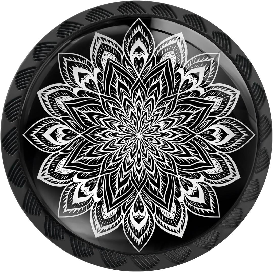 Artinhand 4 Pack Black and White Mandala Flower Kitchen Cabinet Knobs Round Drawer Pulls Dresser Cupboard Door Handles (1.37"L x 1.1"W)