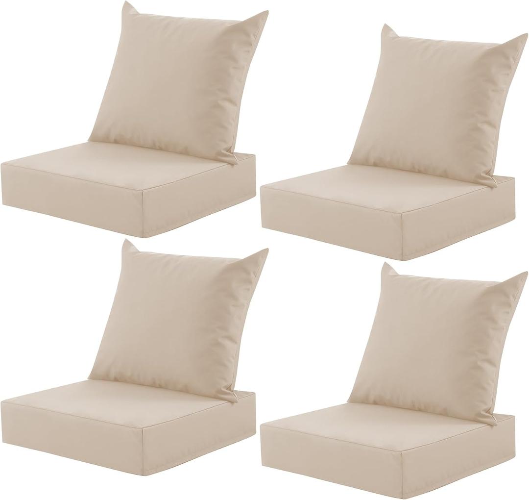 Outdoor Deep Seat Cushion Set, 24x24 Inch Water-Resistant & Fade-Resistant Outdoor Chair Cushions, Patio Furniture Cushions with Removable Cover for Patio Chair, Sofa, Beige (Set of 4)