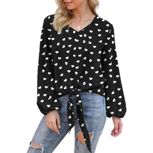 VIISHOW Womens Tie Front Knot Lartern Sleeve Loose Fit V Neck Floral Blouses Chiffon Tops Shirts (XX-Large)