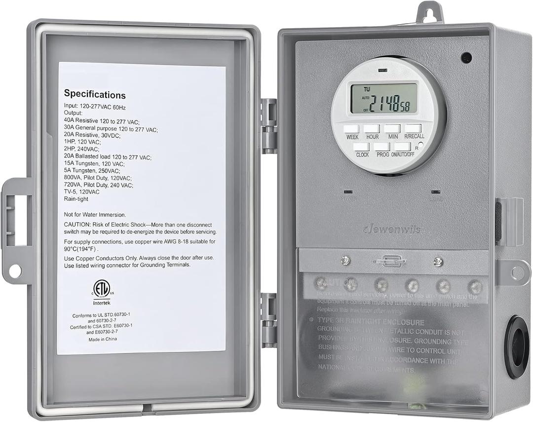 DEWENWILS Pool Pump Timer, Digital Timer Box, 2HP 40A 120-277 VAC, 7-Day 20 ON/Off Programmable Timer Switch for Water Heater, Pool Pump, SPA, Motor, ETL Listed Gray DEWENWILS Pool Pump Timer, Digital Timer Box, 2HP 40A 120-277 VAC, 7-Day 20 ON/Off Programmable Timer Switch for Water Heater, Pool Pump, SPA, Motor, ETL Listed Gray