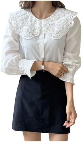 Floerns Women's Doll Collar Button Down Victorian Shirts Eyelet Embroidery Long Sleeve Kawaii Frilly Blouse XL