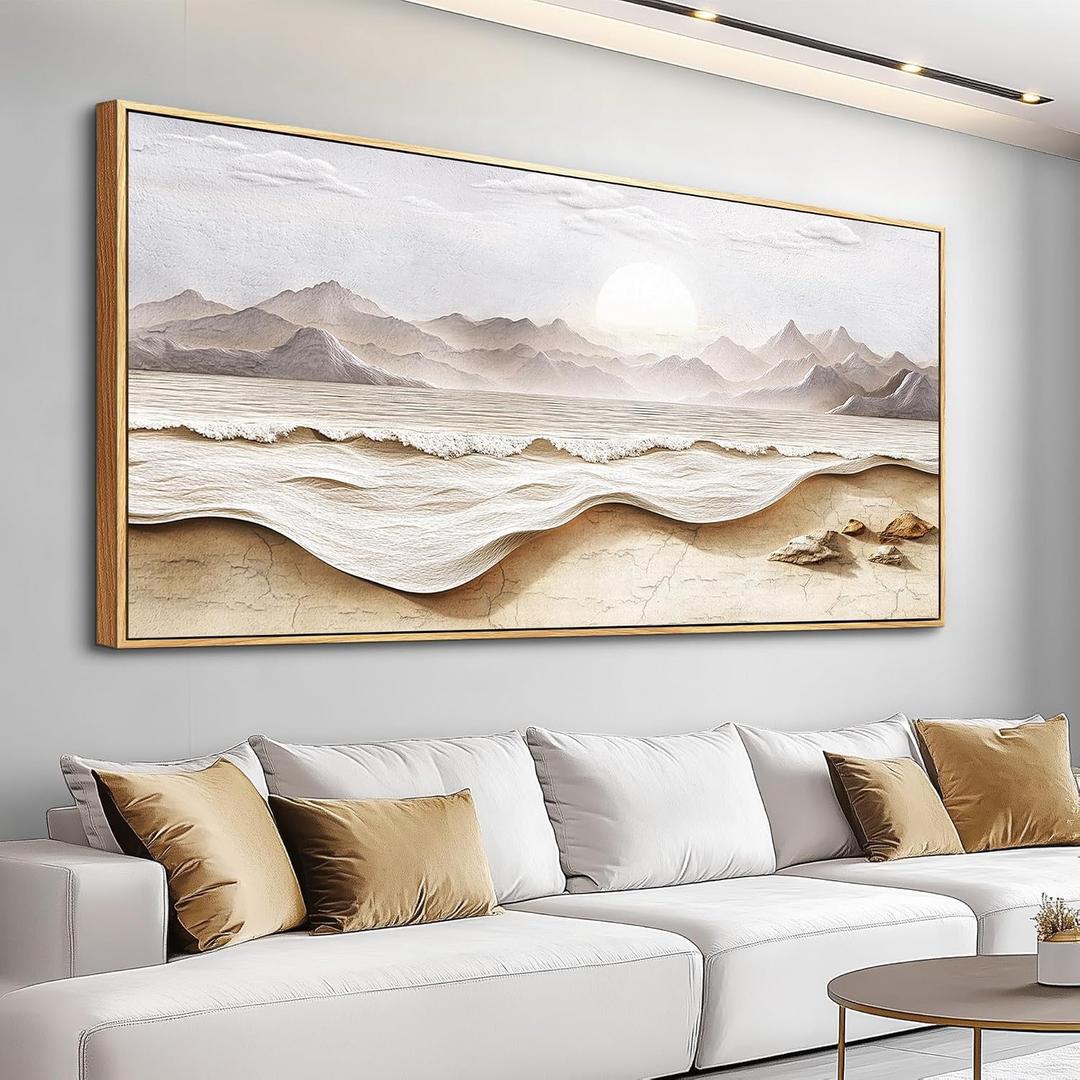 Large Canvas Wood Framed Abstract Wall Art Living Room Restaurant Wall Decor for Bedroom Office Decoration White Landscape Painting of Mountains and Seas Picture Artwork Home Decor 30x60 in
